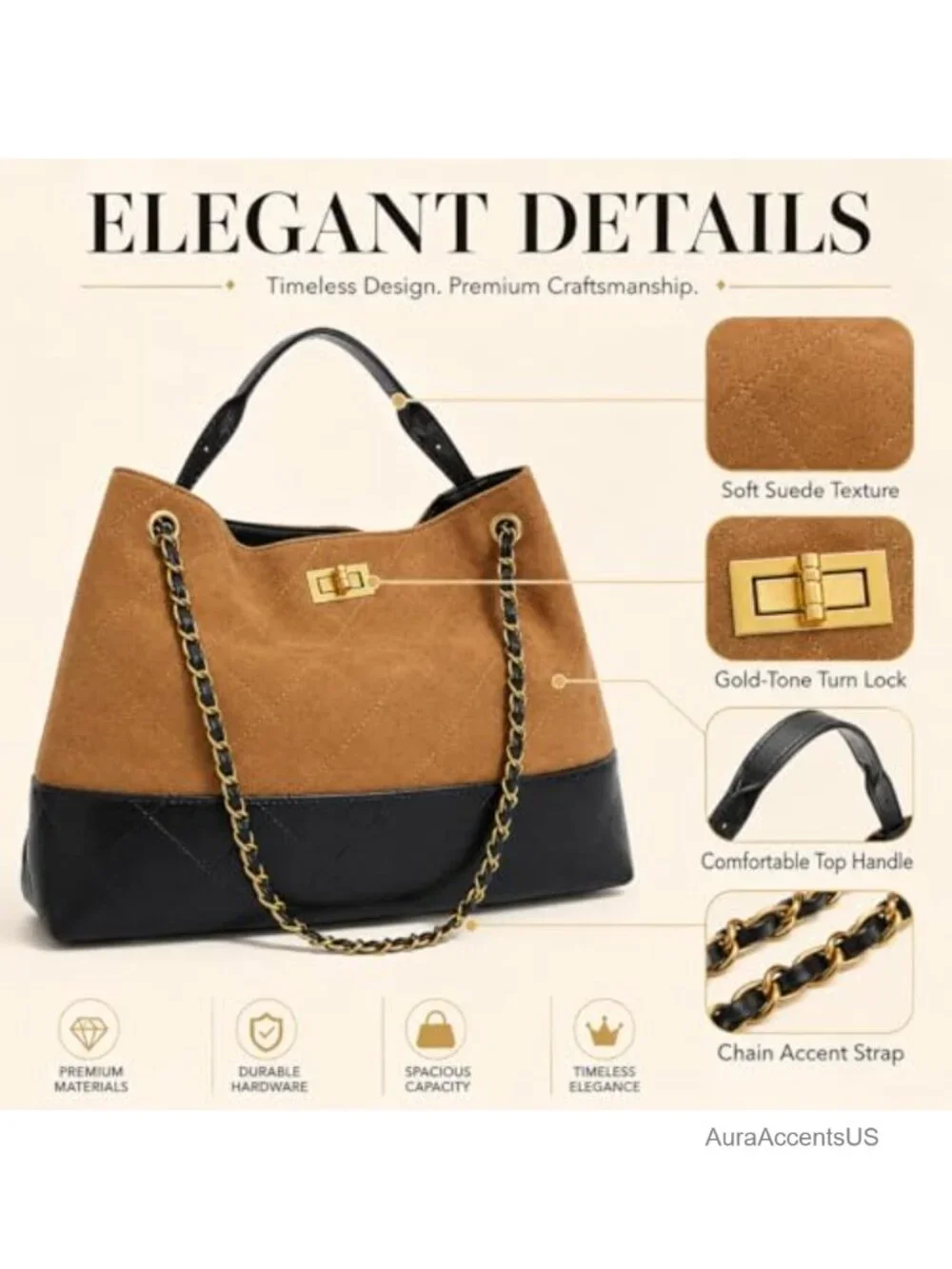Quilted Two-Tone Tote Bag Faux Suede Leather Purse Shoulder Handbag with Chain
